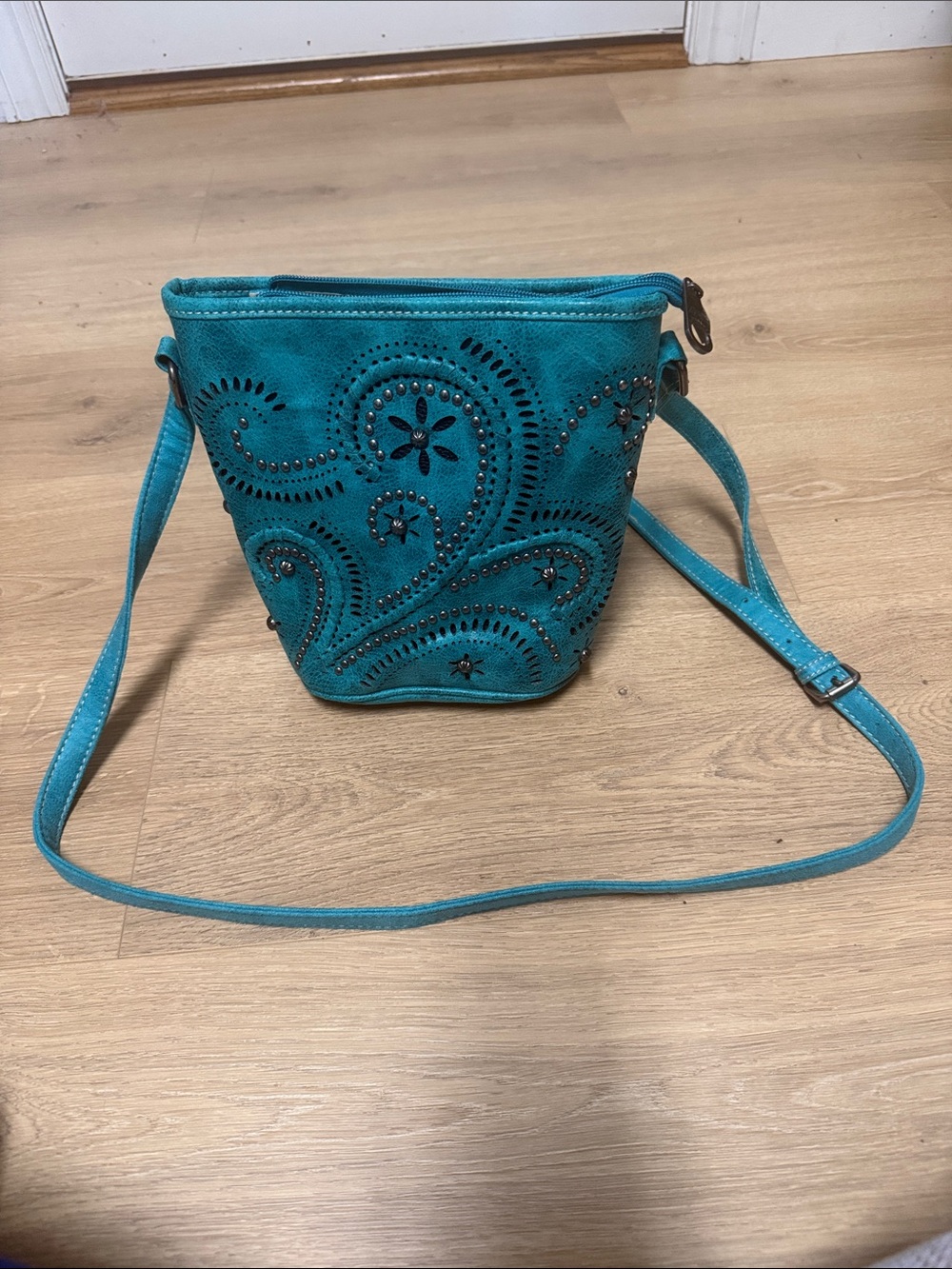 Montana West Teal Floral Laser-Cut leather Crossbody Bag with Adjustable Strap